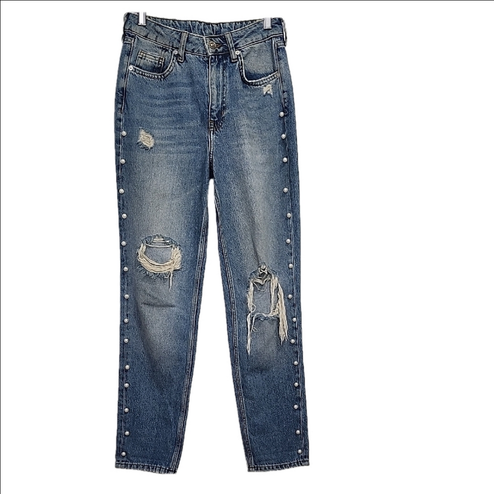 H&M DIVIDED high waist pearls distressed straight leg jeans